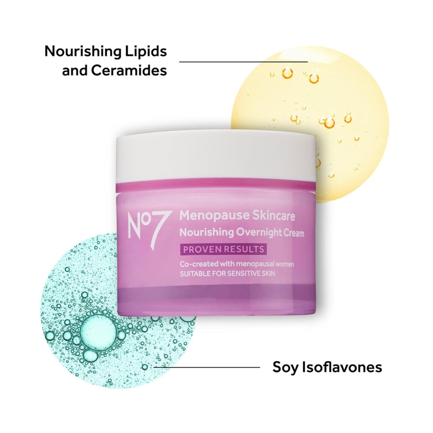 No7 Menopause Skincare Nourishing Overnight Cream - Hydrating Hyaluronic Night Cream for Dry, Sensitive Menopausal Skin - Skin Firming Lipids, Ceramides + Soy Isoflavones (50 ml)